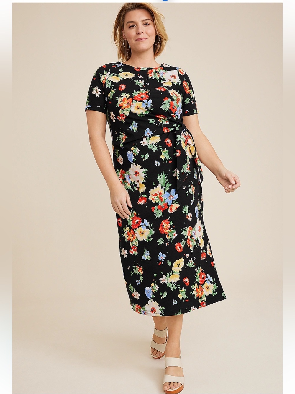 Plus Size 24/7 Floral Waist Tie Midi Dress